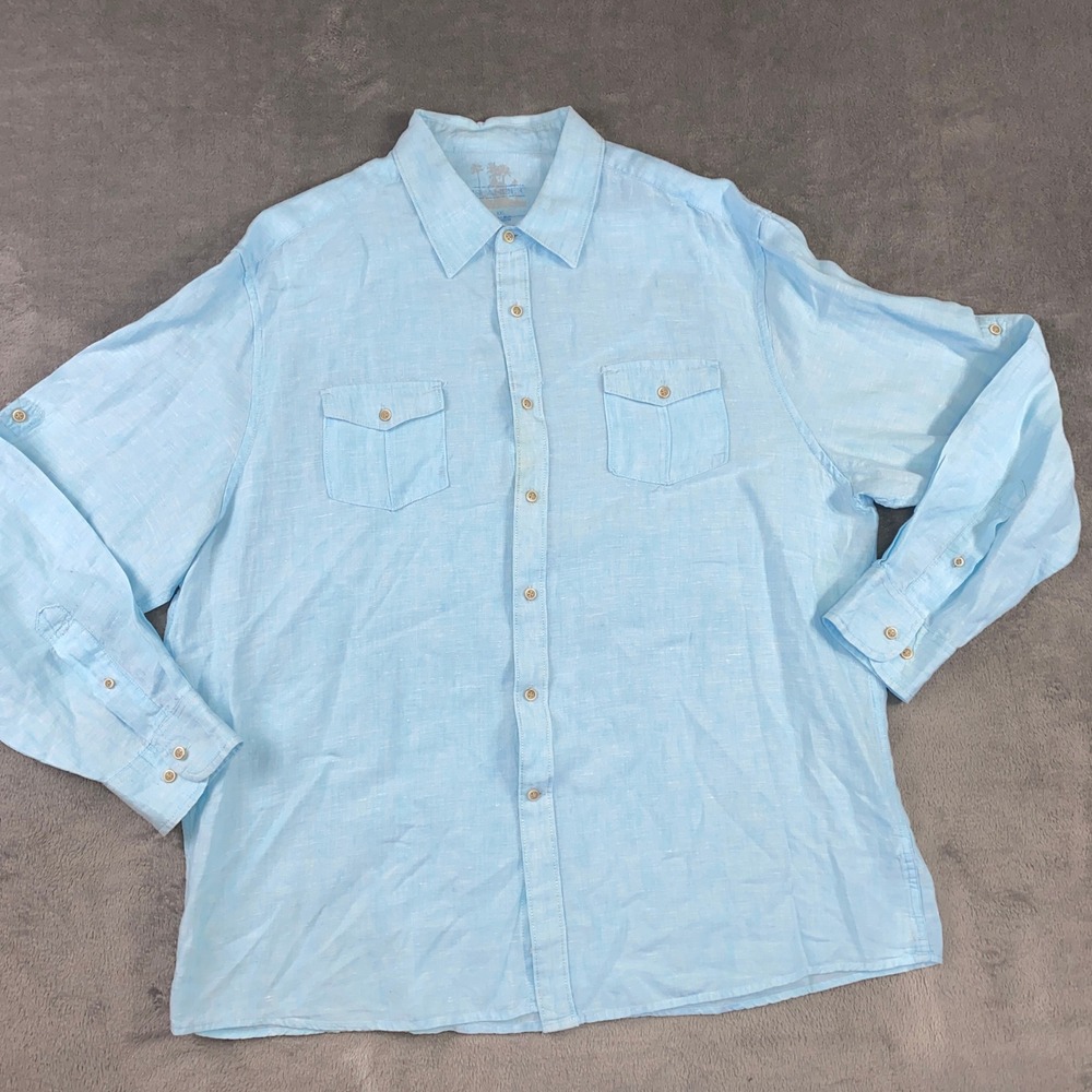 Islander Shirt Mens XXL 100% Linen Long Sleeve Blue Chambray Casual Roll Tab